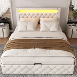 Lit Coffre 140x190 cm - Lit Capitonné avec Rangement et LED, Sommier à Lattes Inclus, Simili Cuir - sans Matelas - Blanc>Okwish Online