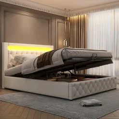 Lit Coffre 140x190 cm - Lit Capitonné avec Rangement et LED, Sommier à Lattes Inclus, Simili Cuir - sans Matelas - Blanc><noscript><img width=