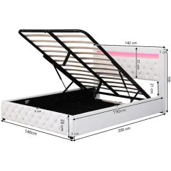 Lit Coffre 140x190 cm - Lit Capitonné avec Rangement et LED, Sommier à Lattes Inclus, Simili Cuir - sans Matelas - Blanc><noscript><img width=