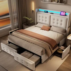 Lit coffre 160x200 cm - Lit capitonné double avec 4 tiroirs et USB-C - Coton - Sans Matelas - Beige>Okwish Online