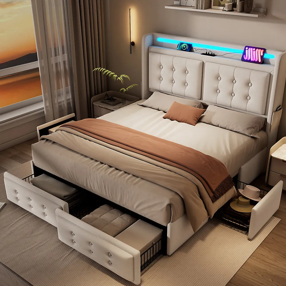 Lit coffre 160x200 cm - Lit capitonné double avec 4 tiroirs et USB-C - Coton - Sans Matelas - Beige>Okwish Online