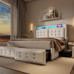 Lit coffre 160x200 cm - Lit capitonné double avec 4 tiroirs et USB-C - Coton - Sans Matelas - Beige>Okwish Online