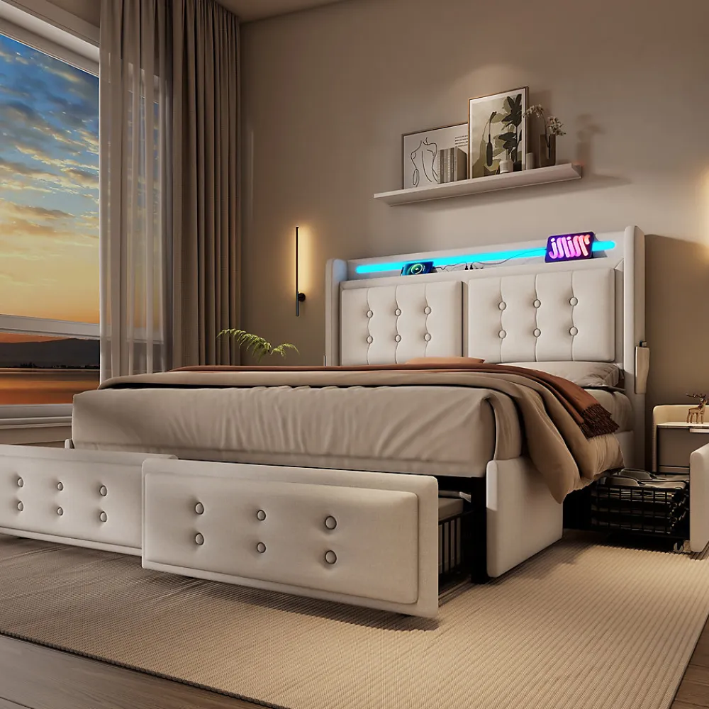 Lit coffre 160x200 cm - Lit capitonné double avec 4 tiroirs et USB-C - Coton - Sans Matelas - Beige>Okwish Online