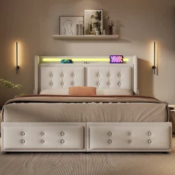Lit coffre 160x200 cm - Lit capitonné double avec 4 tiroirs et USB-C - Coton - Sans Matelas - Beige><noscript><img width=