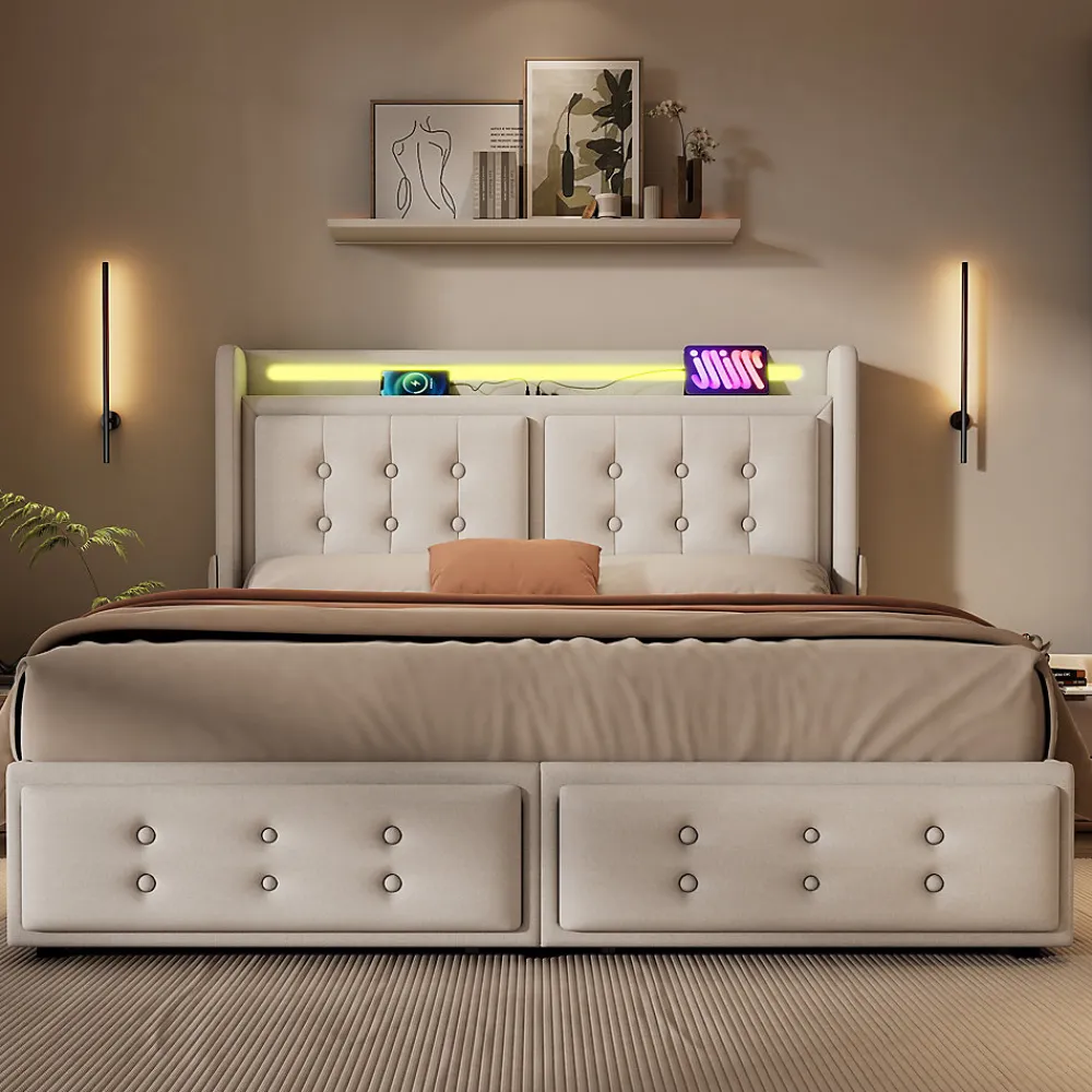 Lit coffre 160x200 cm - Lit capitonné double avec 4 tiroirs et USB-C - Coton - Sans Matelas - Beige>Okwish Online