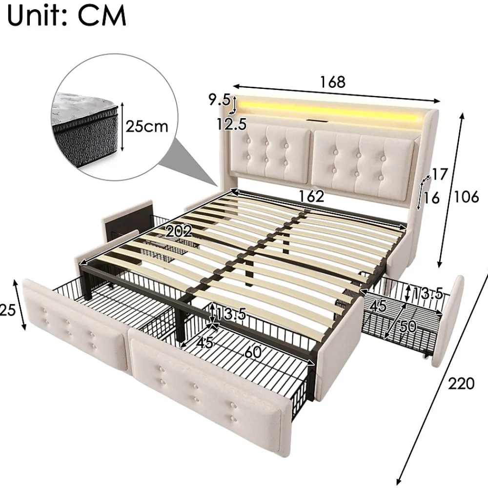 Lit coffre 160x200 cm - Lit capitonné double avec 4 tiroirs et USB-C - Coton - Sans Matelas - Beige>Okwish Online