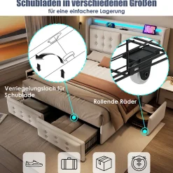 Lit coffre 160x200 cm - Lit capitonné double avec 4 tiroirs et USB-C - Coton - Sans Matelas - Beige><noscript><img width=