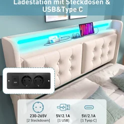 Lit coffre 160x200 cm - Lit capitonné double avec 4 tiroirs et USB-C - Coton - Sans Matelas - Beige><noscript><img width=
