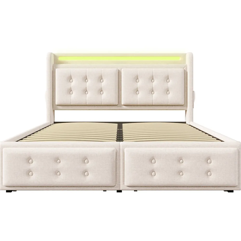 Lit coffre 160x200 cm - Lit capitonné double avec 4 tiroirs et USB-C - Coton - Sans Matelas - Beige>Okwish Online