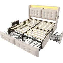 Lit coffre 160x200 cm - Lit capitonné double avec 4 tiroirs et USB-C - Coton - Sans Matelas - Beige><noscript><img width=