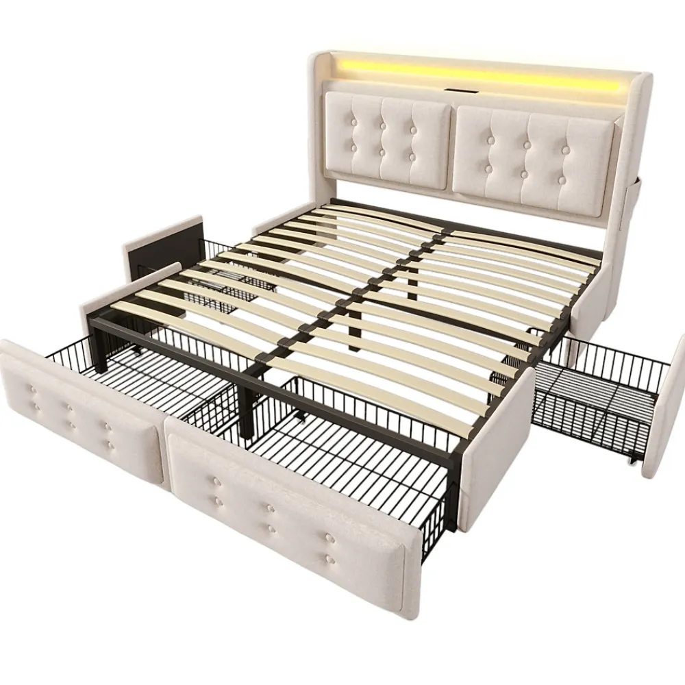 Lit coffre 160x200 cm - Lit capitonné double avec 4 tiroirs et USB-C - Coton - Sans Matelas - Beige>Okwish Online
