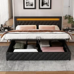 Okwish Lit Coffre 140x190 cm - Lit Capitonné avec Rangement et LED, Sommier à Lattes Inclus, Simili Cuir - sans Matelas - Noir* Lit Coffre