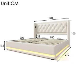 Okwish Lit coffre 180x200 cm - Lit coffre hydraulique avec USB Type-C et LED - PU - Sans Matelas - Blanc* Lit Coffre