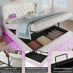 Okwish Lit coffre 180x200 cm - Lit coffre hydraulique avec USB Type-C et LED - PU - Sans Matelas - Blanc* Lit Coffre