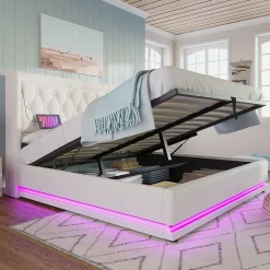 Okwish Lit coffre 180x200 cm - Lit coffre hydraulique avec USB Type-C et LED - PU - Sans Matelas - Blanc* Lit Coffre