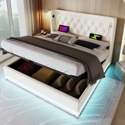 Okwish Lit coffre 180x200 cm - Lit coffre hydraulique avec USB Type-C et LED - PU - Sans Matelas - Blanc* Lit Coffre