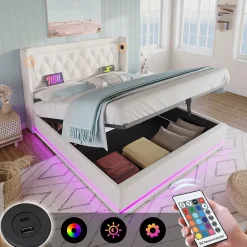 Okwish Lit coffre 180x200 cm - Lit coffre hydraulique avec USB Type-C et LED - PU - Sans Matelas - Blanc* Lit Coffre