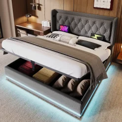 Okwish Lit coffre 160x200 cm - Lit coffre hydraulique avec USB Type-C - Coton - Sans Matelas - Gris* Lit Coffre