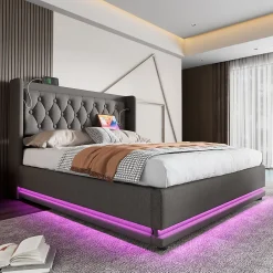 Okwish Lit coffre 160x200 cm - Lit coffre hydraulique avec USB Type-C - Coton - Sans Matelas - Gris* Lit Coffre