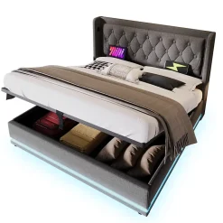 Okwish Lit coffre 160x200 cm - Lit coffre hydraulique avec USB Type-C - Coton - Sans Matelas - Gris* Lit Coffre