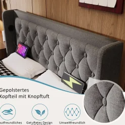 Okwish Lit coffre 160x200 cm - Lit coffre hydraulique avec USB Type-C - Coton - Sans Matelas - Gris* Lit Coffre
