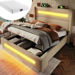 Okwish Lit coffre 140x200 cm - Lit coffre double avec Rangement Hydraulique, Éclairage LED et USB Type-C, Velours Beige, Matelas Inclus* Ensemble Sommier Et Matelas