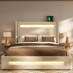 Okwish Lit coffre 140x200 cm - Lit coffre double avec Rangement Hydraulique, Éclairage LED et USB Type-C, Velours Beige, Matelas Inclus* Ensemble Sommier Et Matelas