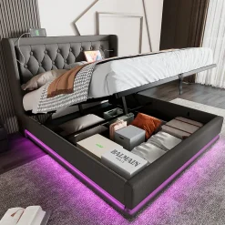 Okwish Lit coffre 160x200 cm - Lit coffre hydraulique avec USB Type-C et LED - Coton - avec Matelas - Gris* Lit Coffre
