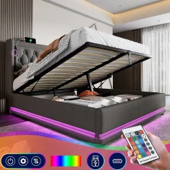 Okwish Lit coffre 160x200 cm - Lit coffre hydraulique avec USB Type-C et LED - Coton - avec Matelas - Gris* Lit Coffre