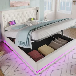 Lit coffre 160x200 cm - Lit coffre hydraulique avec USB Type-C et LED - PU - Sans Matelas - Blanc>Okwish New