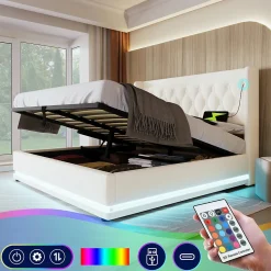 Lit coffre 160x200 cm - Lit coffre hydraulique avec USB Type-C et LED - PU - Sans Matelas - Blanc>Okwish New