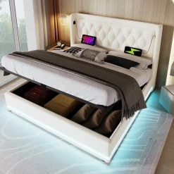 Lit coffre 160x200 cm - Lit coffre hydraulique avec USB Type-C et LED - PU - Sans Matelas - Blanc><noscript><img width=