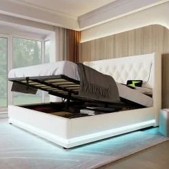 Lit coffre 160x200 cm - Lit coffre hydraulique avec USB Type-C et LED - PU - Sans Matelas - Blanc><noscript><img width=