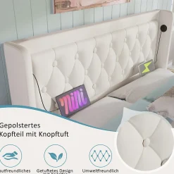 Lit coffre 160x200 cm - Lit coffre hydraulique avec USB Type-C et LED - PU - Sans Matelas - Blanc><noscript><img width=