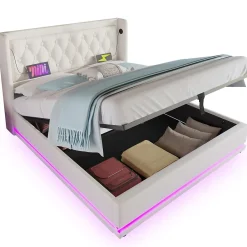 Lit coffre 160x200 cm - Lit coffre hydraulique avec USB Type-C et LED - PU - Sans Matelas - Blanc><noscript><img width=
