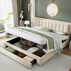 Lit coffre 180x200 cm - Lit coffre hydraulique avec 2 tiroirs et sommier à lattes - Velours - Sans Matelas - Beige>Generique Clearance