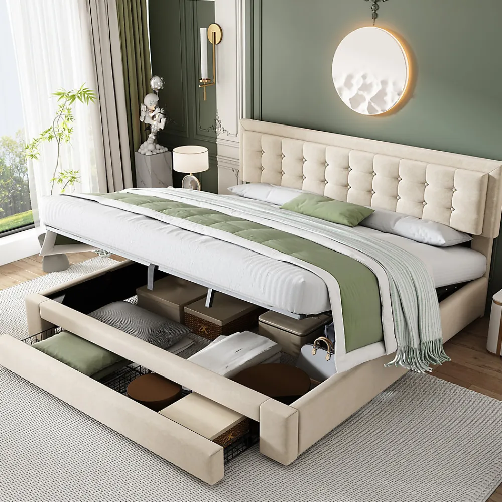 Lit coffre 180x200 cm - Lit coffre hydraulique avec 2 tiroirs et sommier à lattes - Velours - Sans Matelas - Beige>Generique Clearance