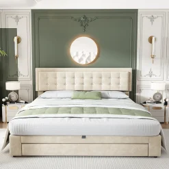 Lit coffre 180x200 cm - Lit coffre hydraulique avec 2 tiroirs et sommier à lattes - Velours - Sans Matelas - Beige>Generique Clearance