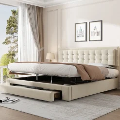 Lit coffre 180x200 cm - Lit coffre hydraulique avec 2 tiroirs et sommier à lattes - Velours - Sans Matelas - Beige><noscript><img width=