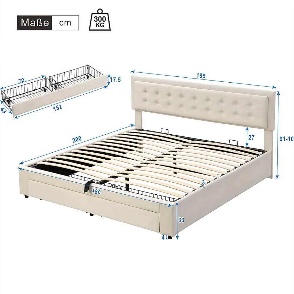 Lit coffre 180x200 cm - Lit coffre hydraulique avec 2 tiroirs et sommier à lattes - Velours - Sans Matelas - Beige>Generique Clearance