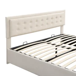 Lit coffre 180x200 cm - Lit coffre hydraulique avec 2 tiroirs et sommier à lattes - Velours - Sans Matelas - Beige><noscript><img width=