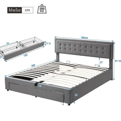 Okwish Lit coffre 180x200 cm - Lit coffre hydraulique avec 2 tiroirs et sommier à lattes - Velours - Sans Matelas - Gris* Lit Coffre