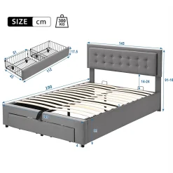 Generique Lit coffre 140x190 cm - Lit coffre hydraulique avec 2 tiroirs et sommier à lattes - Capitonné Velours - Sans Matelas - Gris* Lit Coffre