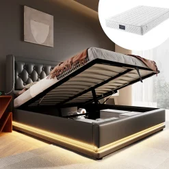 Lit coffre 140x200 cm - Lit coffre hydraulique avec USB Type-C et LED - PU - avec Matelas - Noir>Okwish Hot