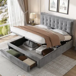 Lit coffre 140x200 cm - Lit coffre hydraulique avec 2 tiroirs et sommier à lattes en bois - Velours - Sans Matelas - Gris>Generique Online