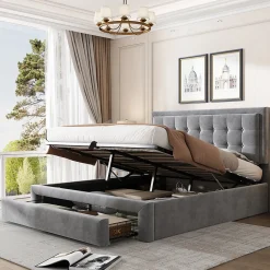 Lit coffre 140x200 cm - Lit coffre hydraulique avec 2 tiroirs et sommier à lattes en bois - Velours - Sans Matelas - Gris><noscript><img width=