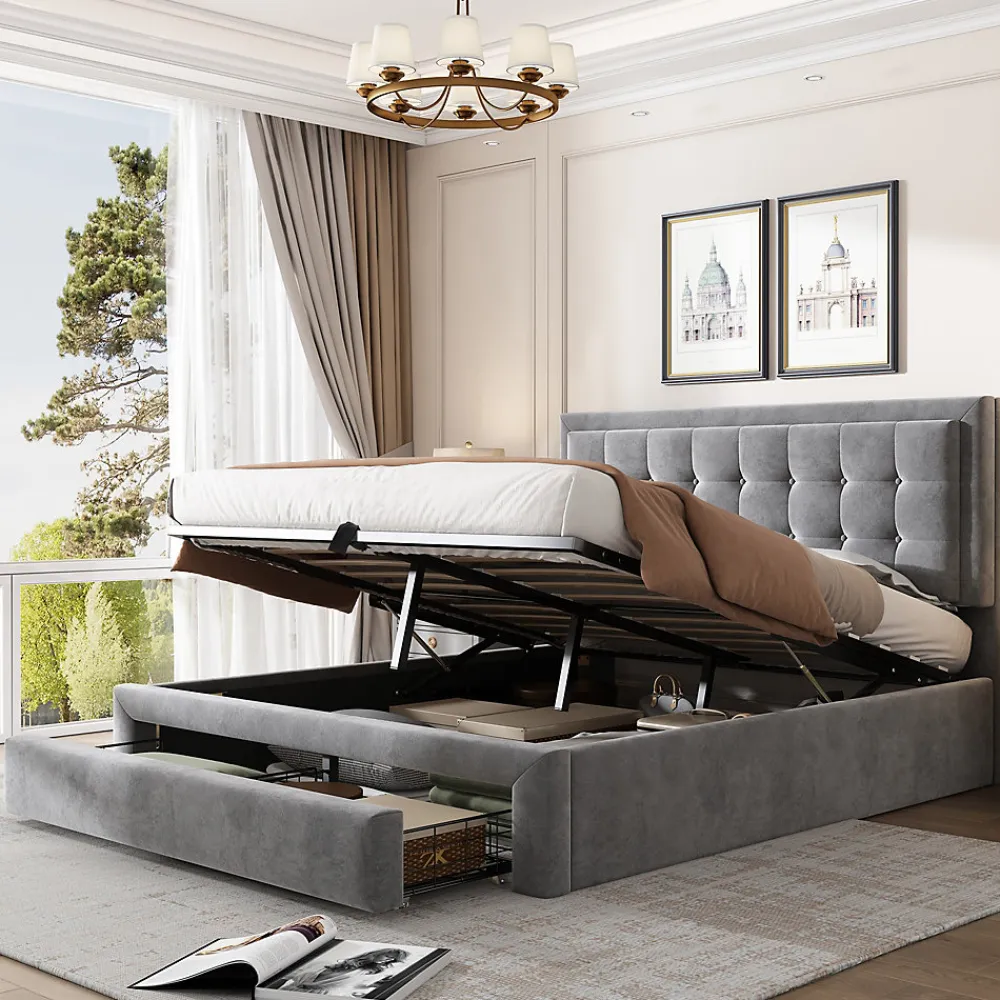 Lit coffre 140x200 cm - Lit coffre hydraulique avec 2 tiroirs et sommier à lattes en bois - Velours - Sans Matelas - Gris>Generique Online