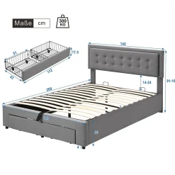 Lit coffre 140x200 cm - Lit coffre hydraulique avec 2 tiroirs et sommier à lattes en bois - Velours - Sans Matelas - Gris><noscript><img width=