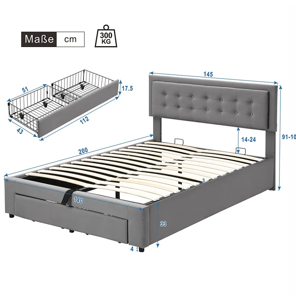 Lit coffre 140x200 cm - Lit coffre hydraulique avec 2 tiroirs et sommier à lattes en bois - Velours - Sans Matelas - Gris>Generique Online