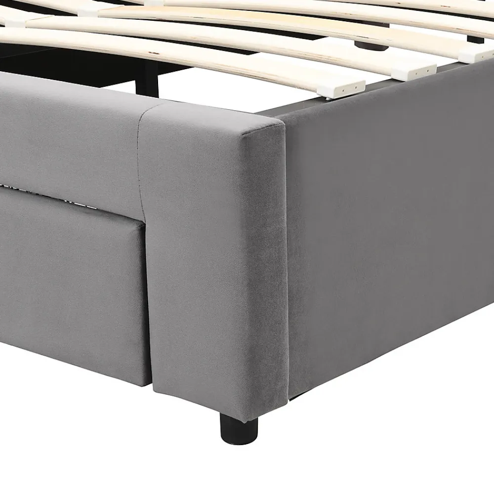 Lit coffre 140x200 cm - Lit coffre hydraulique avec 2 tiroirs et sommier à lattes en bois - Velours - Sans Matelas - Gris>Generique Online